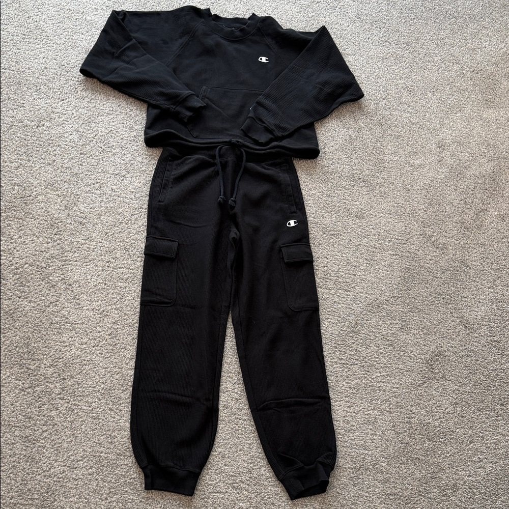Champion Black Crewneck and Cargo Joggers